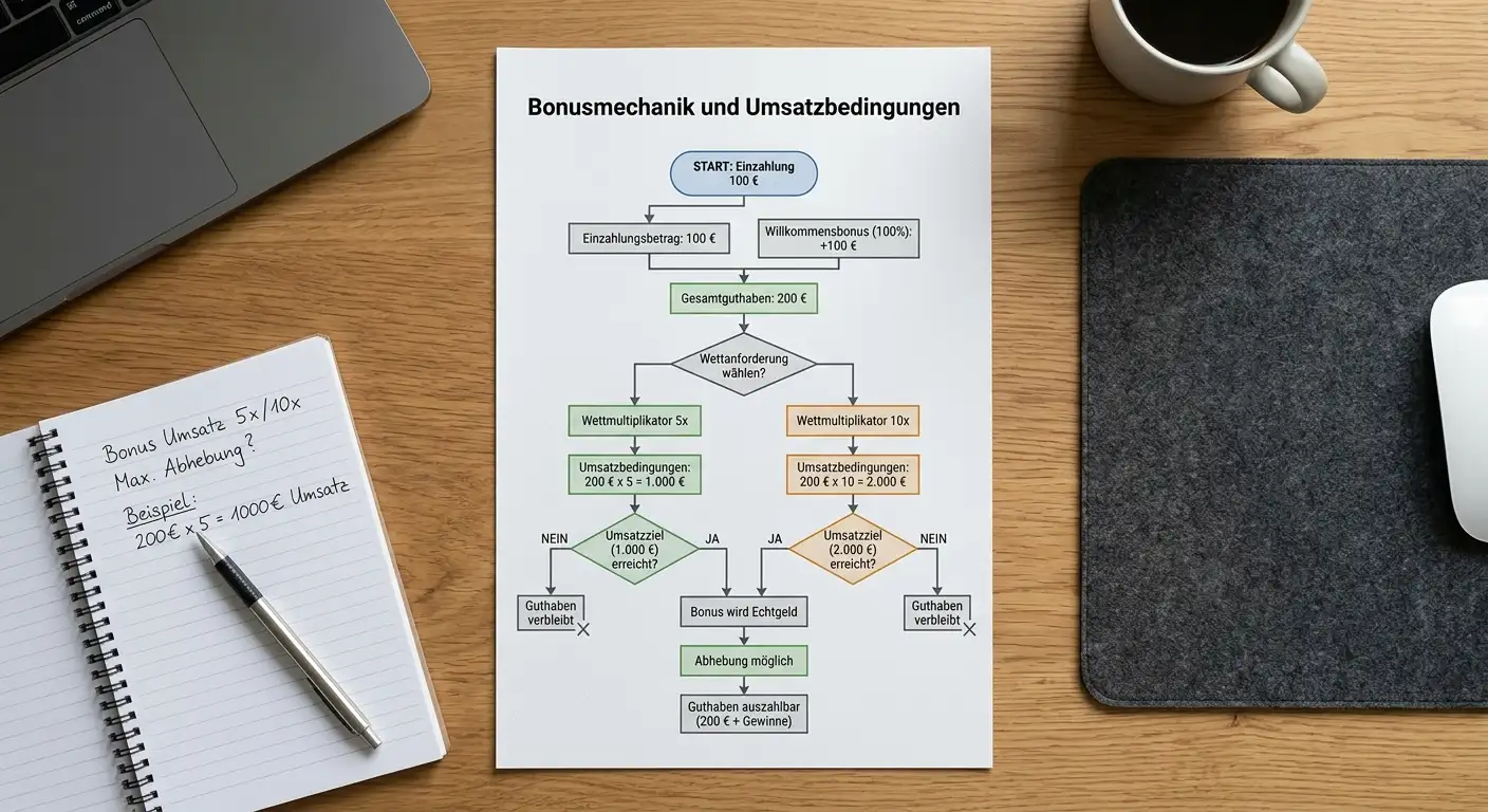 Schematische Darstellung von Sportwetten-Bonusmechanik und Umsatzbedingungen bei deutschen GGL-lizenzierten Wettanbietern für Beachvolleyball-Wetten